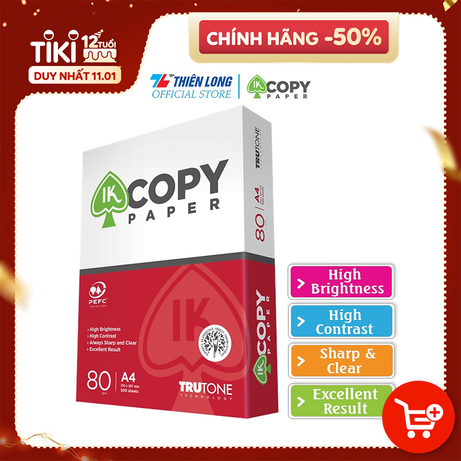 Giấy in photo A4 IK Copy IK-02 - Định lượng 80 gsm - 500 tờ/ream- Giấy chất lượng cao nhập khẩu Indonesia