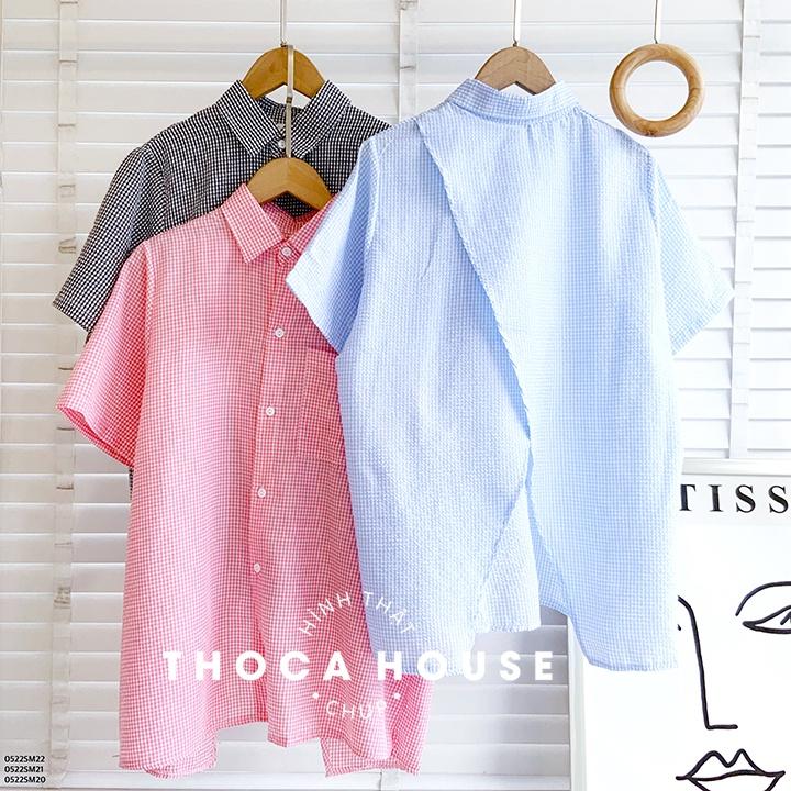 Áo sơ mi tay ngắn caro xẻ tà sau caro hồng, xanh biển, đen THOCA HOUSE năng động, kiểu cách trendy