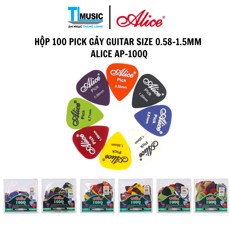 Hộp 100 Phím Pick Gảy - Móng Gảy Guitar, Ukulele Alice AP-100Q Size 0.58, 0.71, 0.81, 0.96, 1.2, 1.5