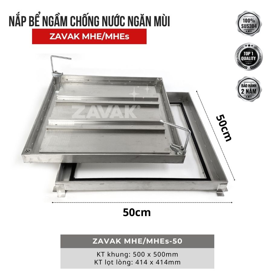 Nắp bể ngầm Zavak MHE-50 KT50x50cm, chống nước, ngăn mùi, lát gạch 1.2 cm, chịu tải xe 1.5 tấn, inox 304