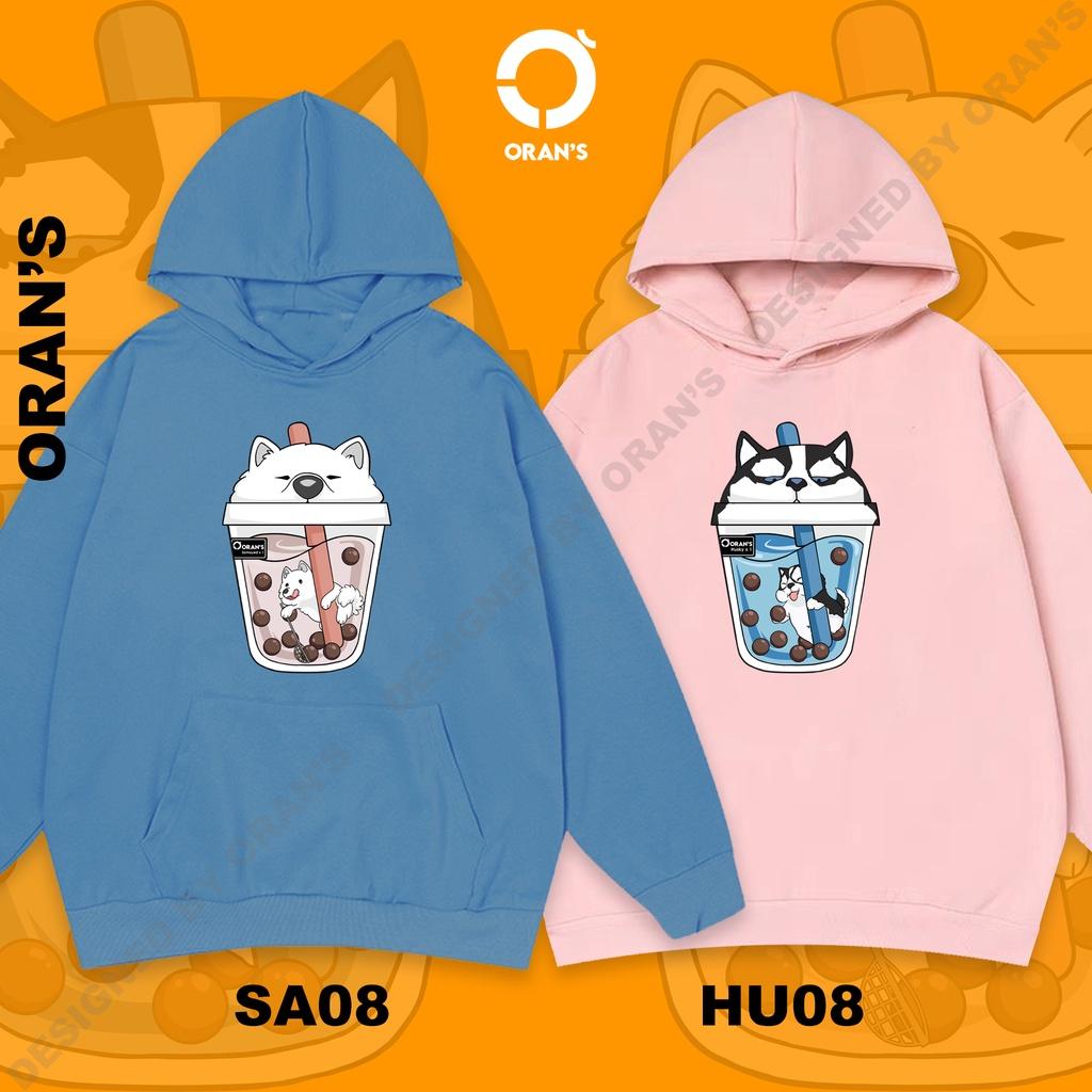 Áo Hoodie đôi in hình trà sữa 4 màu chất nỉ cotton lót bông cao cấp form rộng unisex - ORAN'S HOODIE COUPLE 08