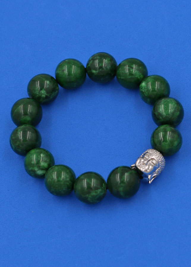 Vòng đeo tay Cẩm Thạch Đông Ninh 14 ly cẩn hạt Phật A Di Đà inox bạc VCTDNNLT14