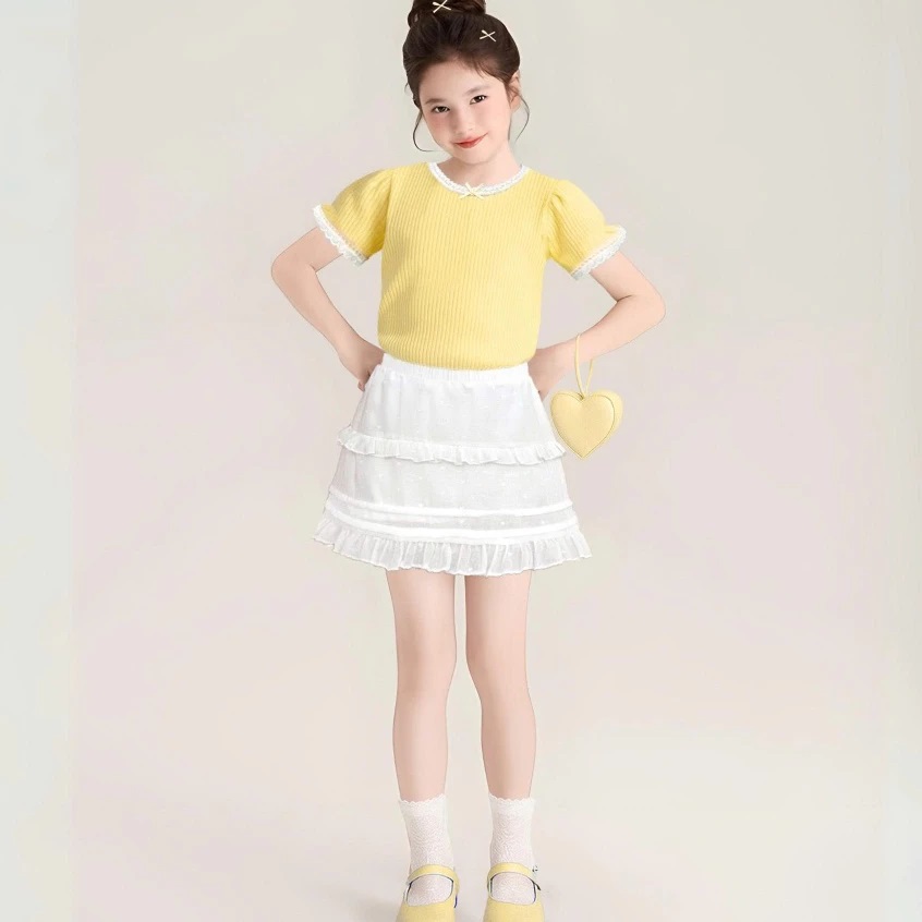 Set Áo Thun Gân Viền Ren Mix Chân Váy Xòe Bé Gái Dễ Thương Từ 12-36kg Dành Cho Bé Gái