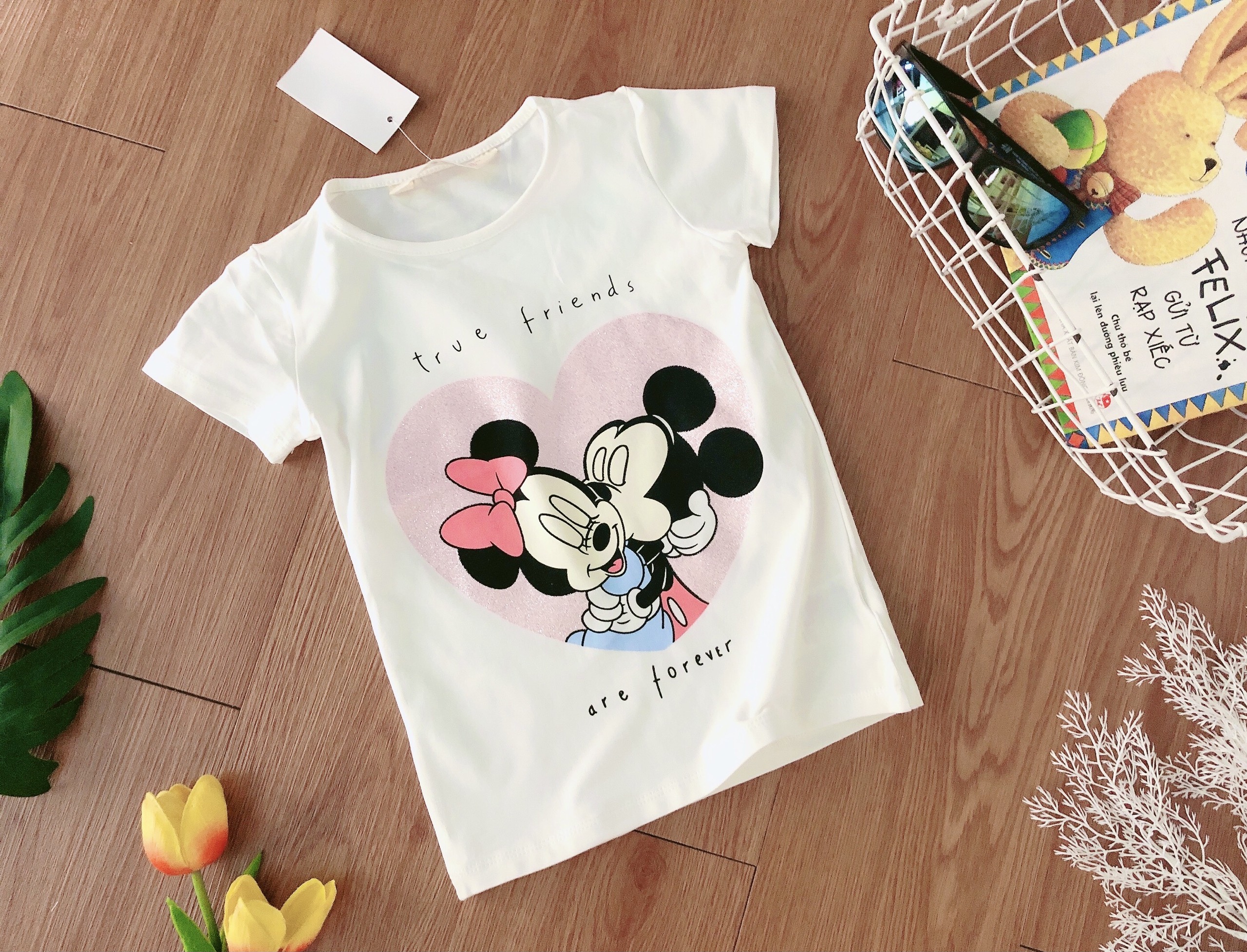 Áo cộc tay 2 mickey trắng bé gái 2-12 tuổi