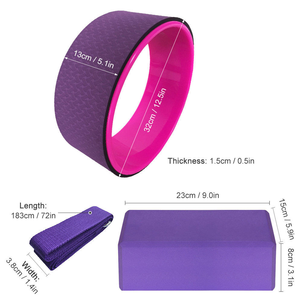 Bộ thiết bị tập Yoga bao gồm 2 khối yoga, 1 dây kéo giãn bằng vải cotton và 1 bánh xe yoga, rất phù hợp cho người mới bắt đầu tập yoga