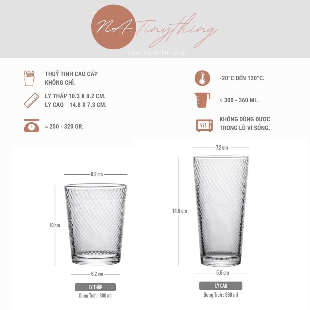 Ly cốc thuỷ tinh chiu nhiệt dùng uống nước và cà phê kiểu dáng tròn, hoạ tiết hình thoi phong cách Hàn Quốc - NA0060