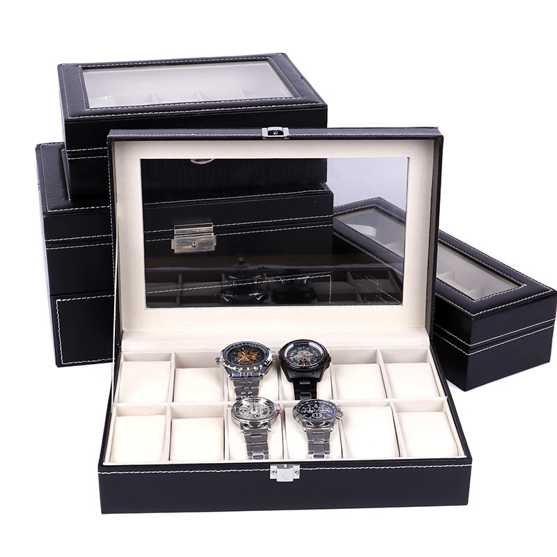Hộp để và bảo quản đồng hồ 12 ngăn bọc da cao cấp, mỗi ngăn có miếng mút xốp bên trong để từng chiếc chống xước mặt thiết kế nắp hộp bằng kính trong suốt quan sát được bên trong