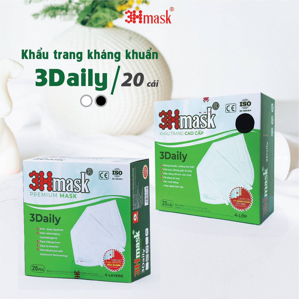 Khẩu Trang Kháng Khuẩn 3Daily Quai Tròn Đen (20 cái)