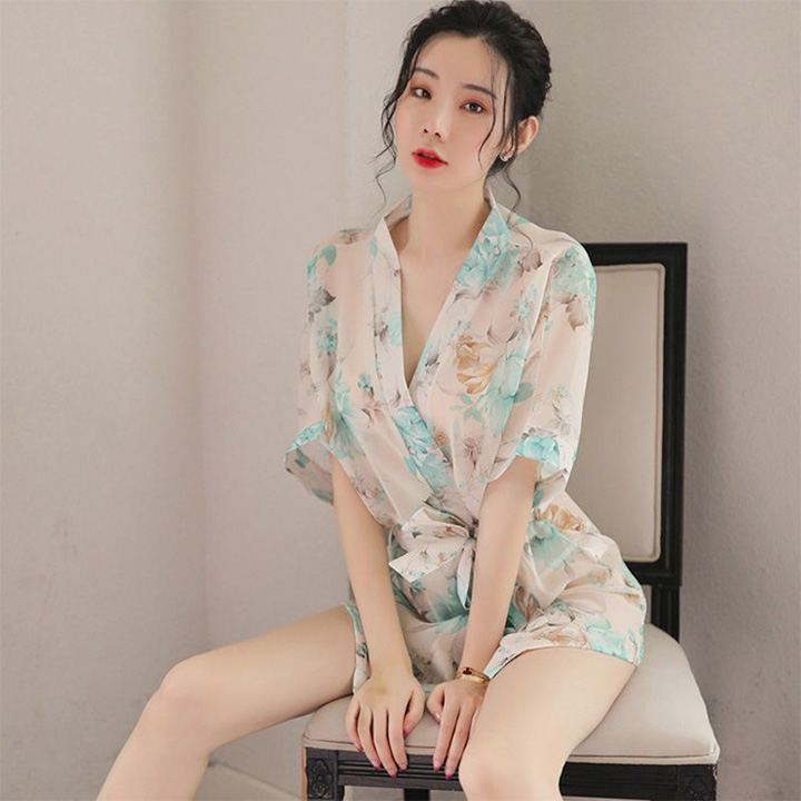 Hình ảnh Váy ngủ choàng kimono in hoa cao cấp Q418 - Áo choàng ngủ sexy gợi cảm - Đầm ngủ nữ - Đồ ngủ mạc nhà