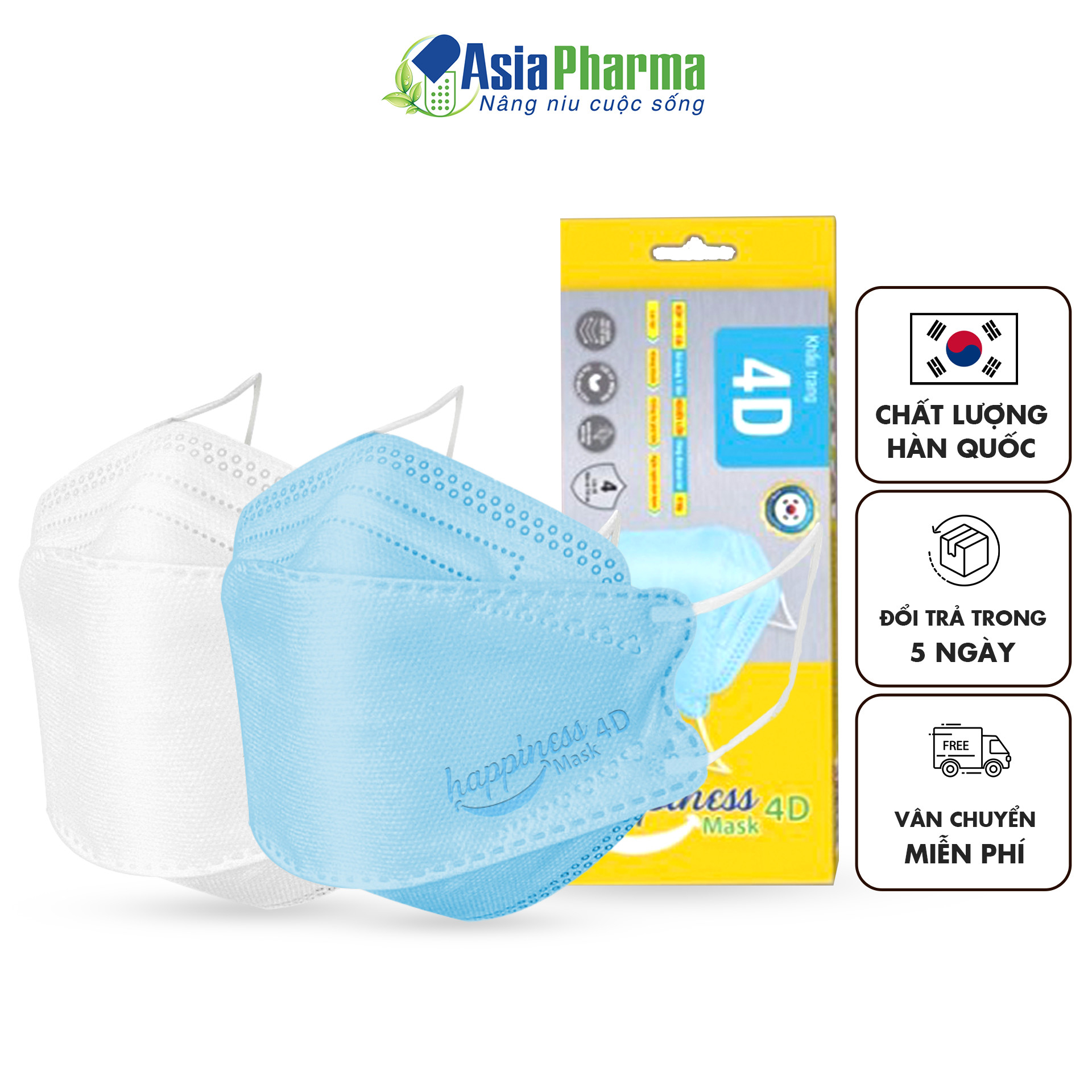 Khẩu trang y tế 4 lớp kháng khuẩn cao cấp HAPPINESS 4D Hàn Quốc hộp 10 cái - ASIA PHARMA