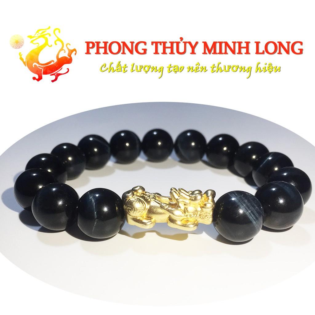 Vòng tay đá mắt hổ Chim Ưng xanh đen chất lượng 5A mix Tỳ Hưu Vàng hợp mệnh Thủy và Mộc