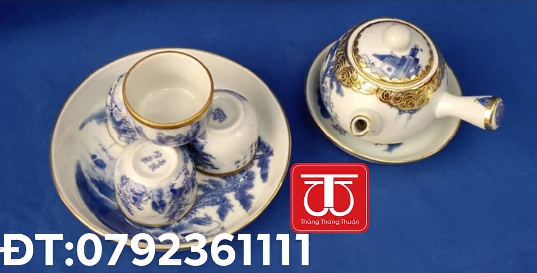 BỘ ẤM CHÉN BỊT ĐỒNG VẼ SƠN THUỶ