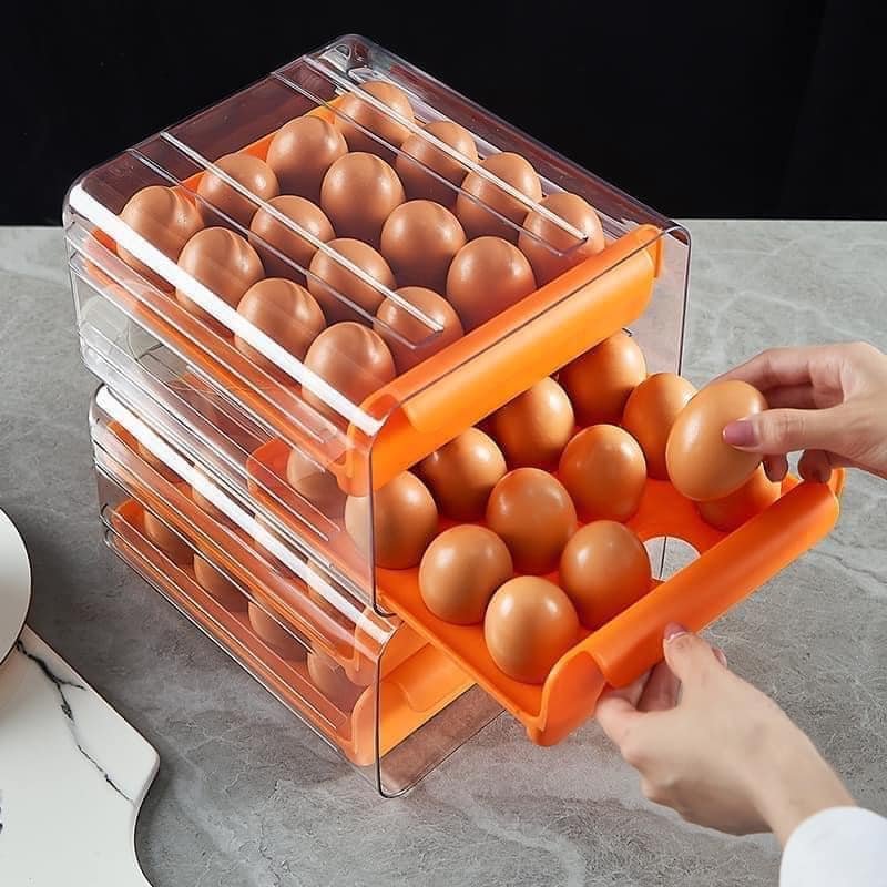 Hộp nhựa thoáng khí đựng trứng 2 tầng kiểu dáng ngăn kéo thiết kế trong suốt quan sát dễ dàng bên trong hộp - Khay đựng trứng 2 tầng 32 ô bằng nhựa để trong tủ lạnh