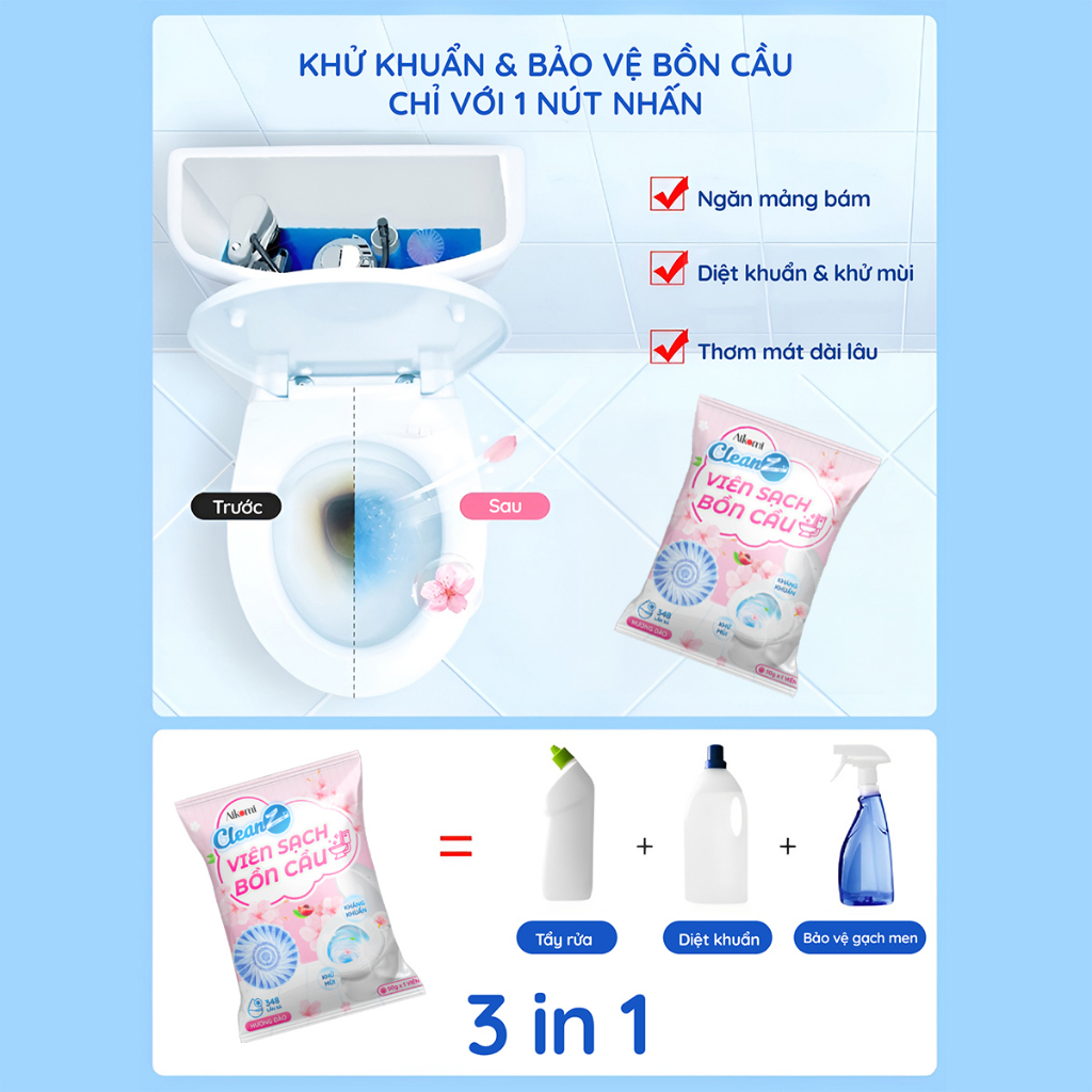 Viên thả bồn cầu CleanZ sạch khuẩn thơm mát tẩy sạch mảng bám khử mùi diệt vi khuẩn toilet thế hệ mới hương đào 50g/gói