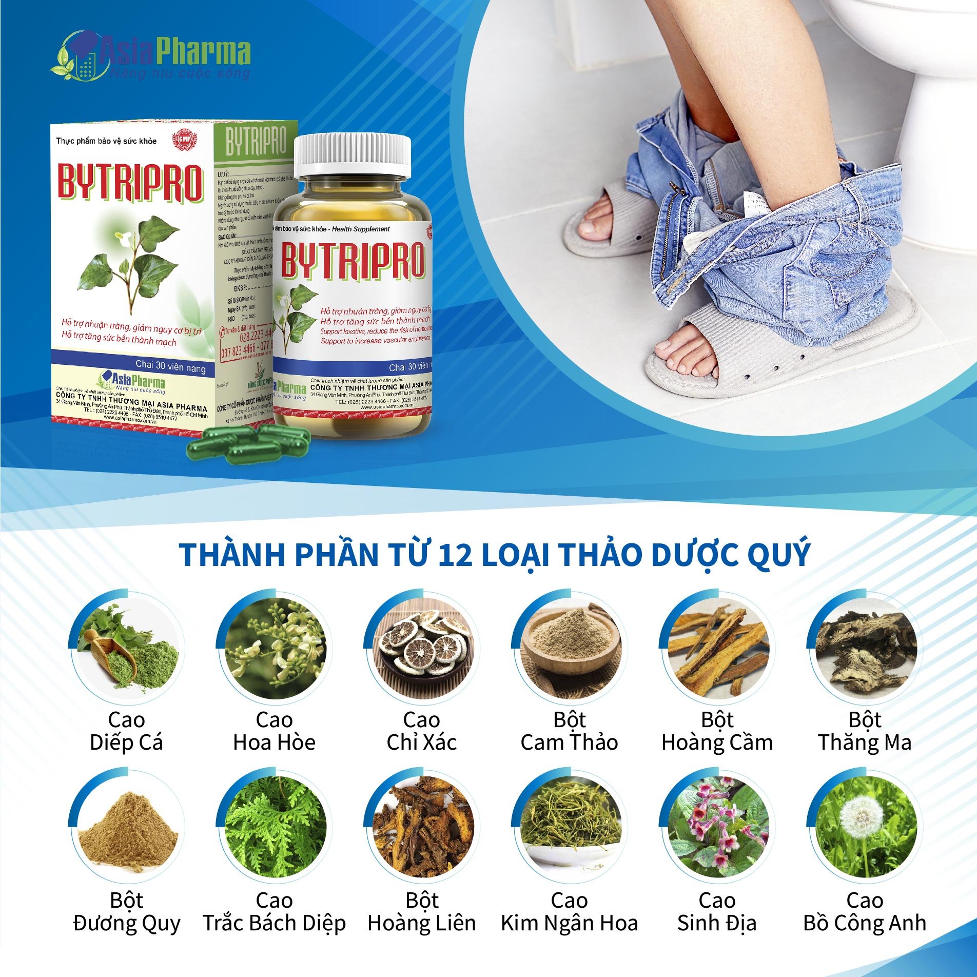 Viên uống tiêu trĩ Bytripro Asia Pharma hỗ trợ nhuận tràng, giảm táo bón - Hộp 30 viên
