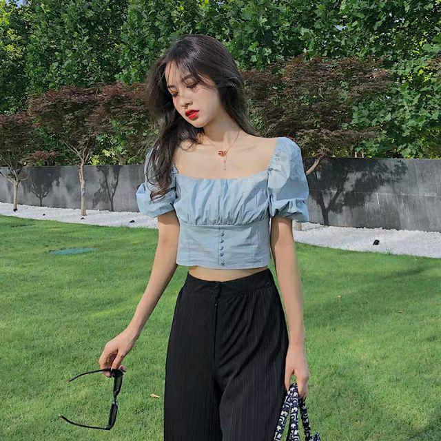 Áo croptop cổ vuông xanh da trời M9