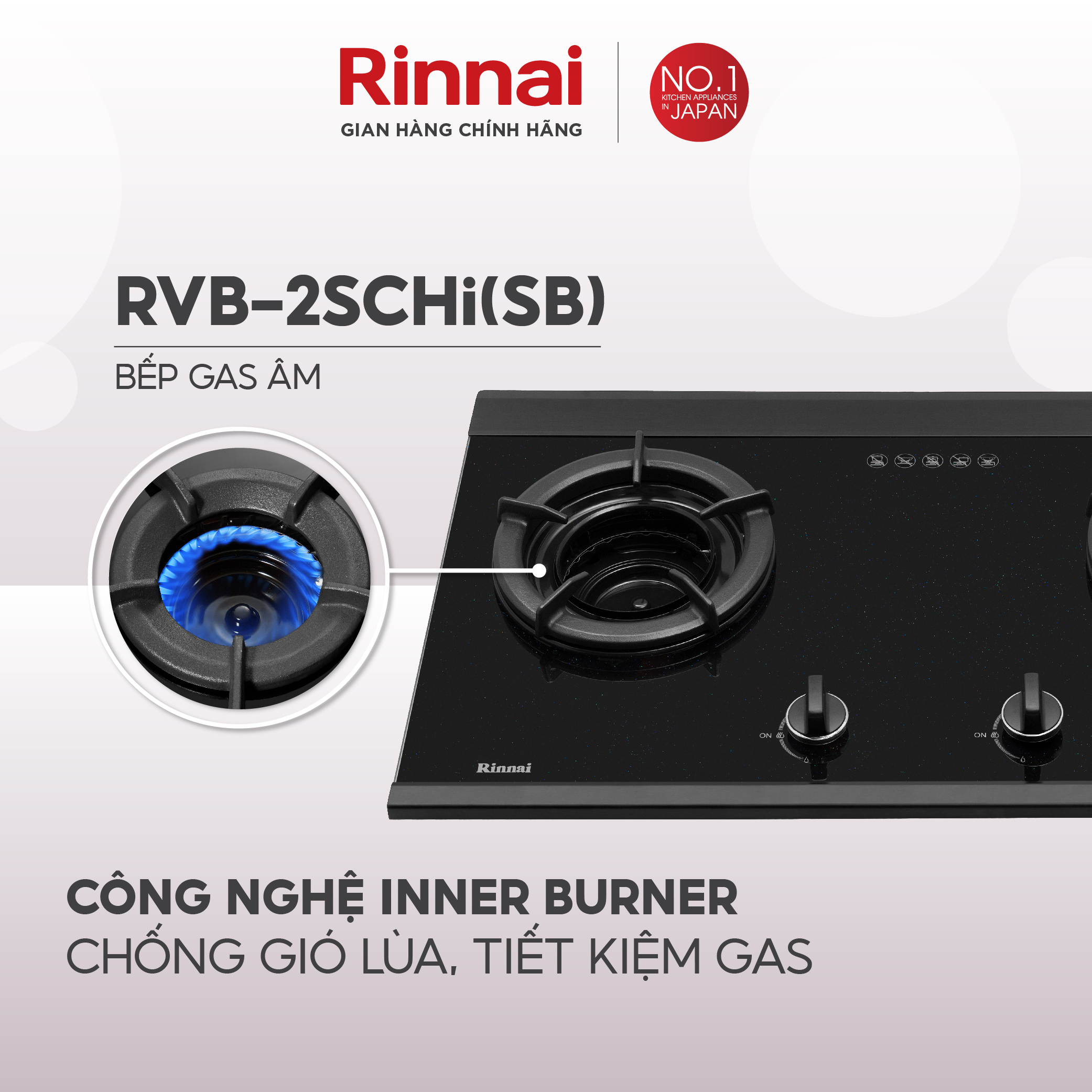 Bếp gas âm đầu đốt trong Rinnai RVB-2SCHi mặt bếp kính SCHOTT và kiềng bếp gang - Hàng chính hãng