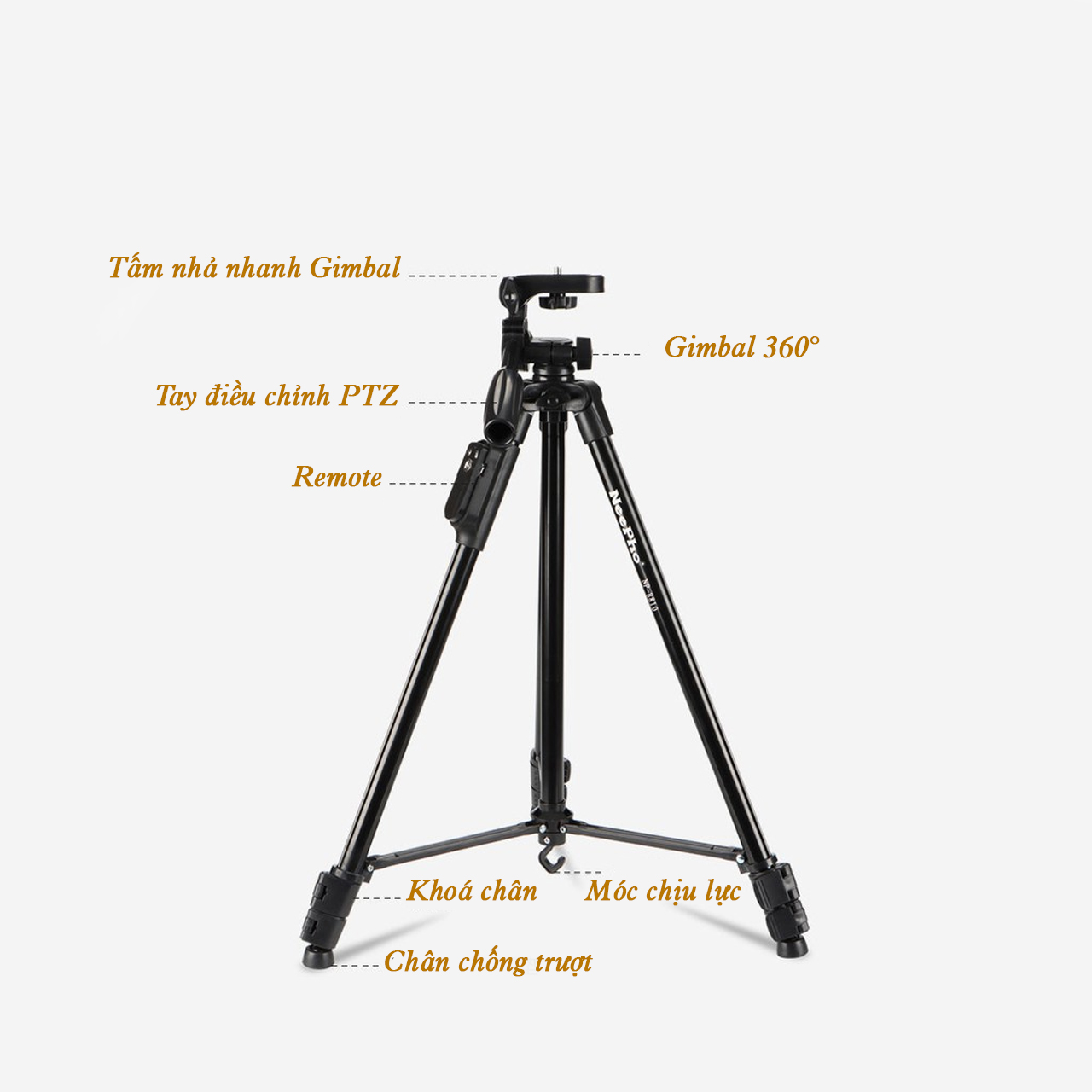 Chân máy ảnh Tripod Vinetteam NeePho NP-8810, khung nhôm cao cấp, cao 1.5m, chịu tải 3kg, tặng kèm túi đeo, kẹp điện thoại và remote - hàng chính hãng