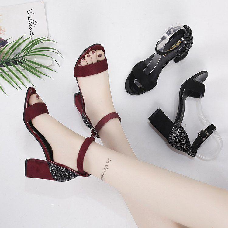 Sandals girls summer 2020 new style thick heels black students with open toes buckle Roman high heels