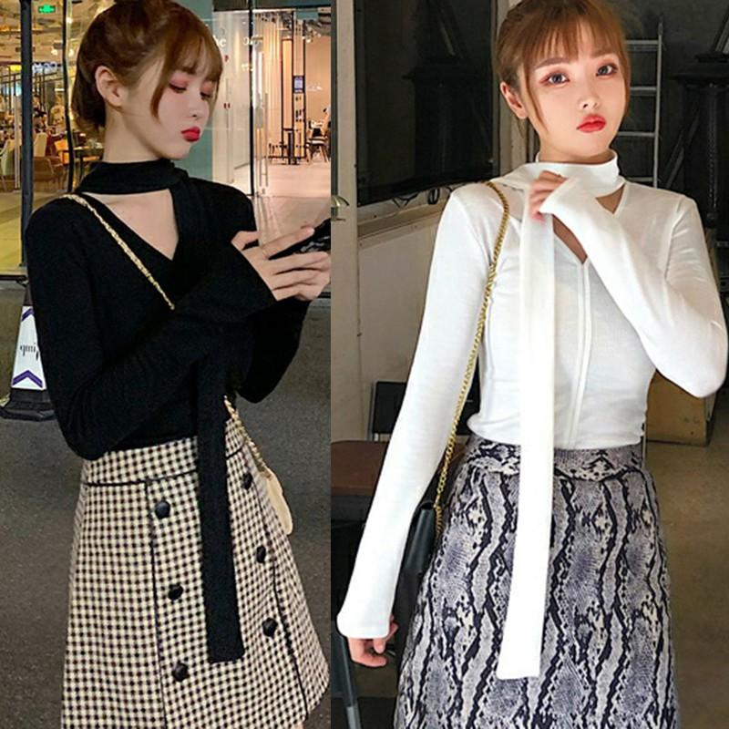 Áo thun nữ tay dài cổ chữ V dáng ôm phong cách Hàn Quốc