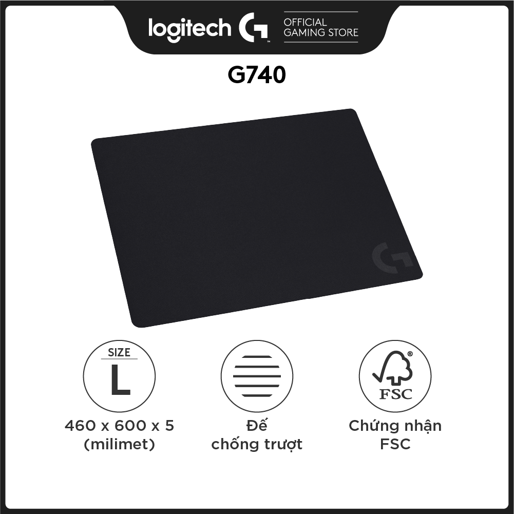 Bàn di chuột game Logitech G740 (Size L) tấm lót chuột chơi game bằng vải, tối ưu cho chơi game, ma sát, chống trượt kích thước 460 x 400 x 3 mm (dài x rộng x dày), cho Mac và PC - Hàng Chính Hãng