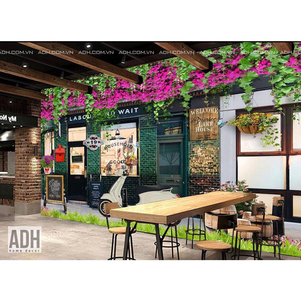 Tranh dán tường giàn hoa giấy quán cafe - trà sữa