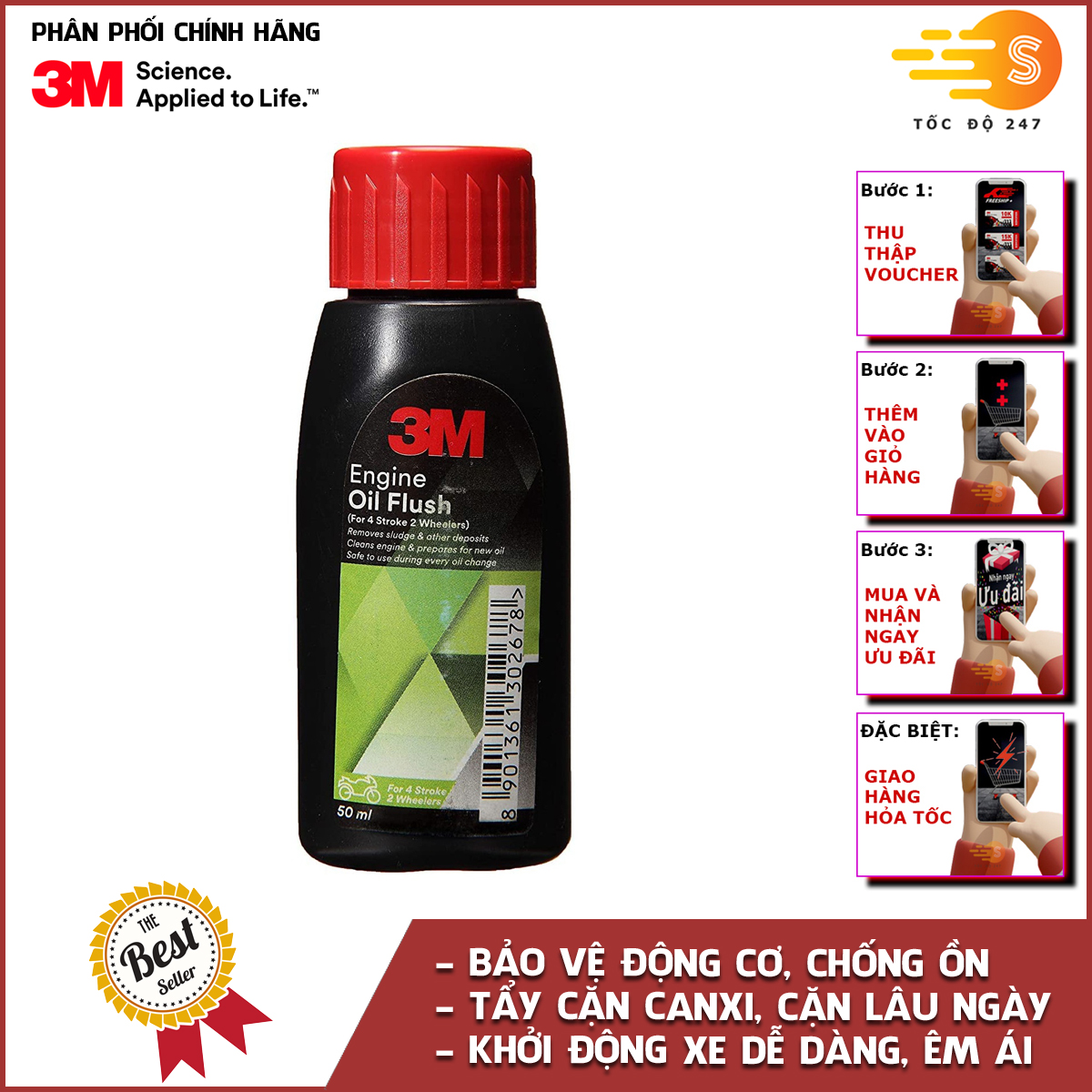 Phụ gia nhớt vệ sinh động cơ xe máy 3M 50ml 3M-EOF50 - Tẩy cặn carbon, súc động cơ