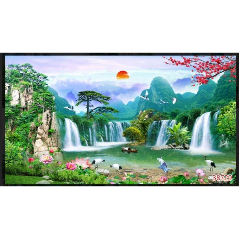 Tranh 3D sơn thủy, phòng khách dán tường in Vải Lụa