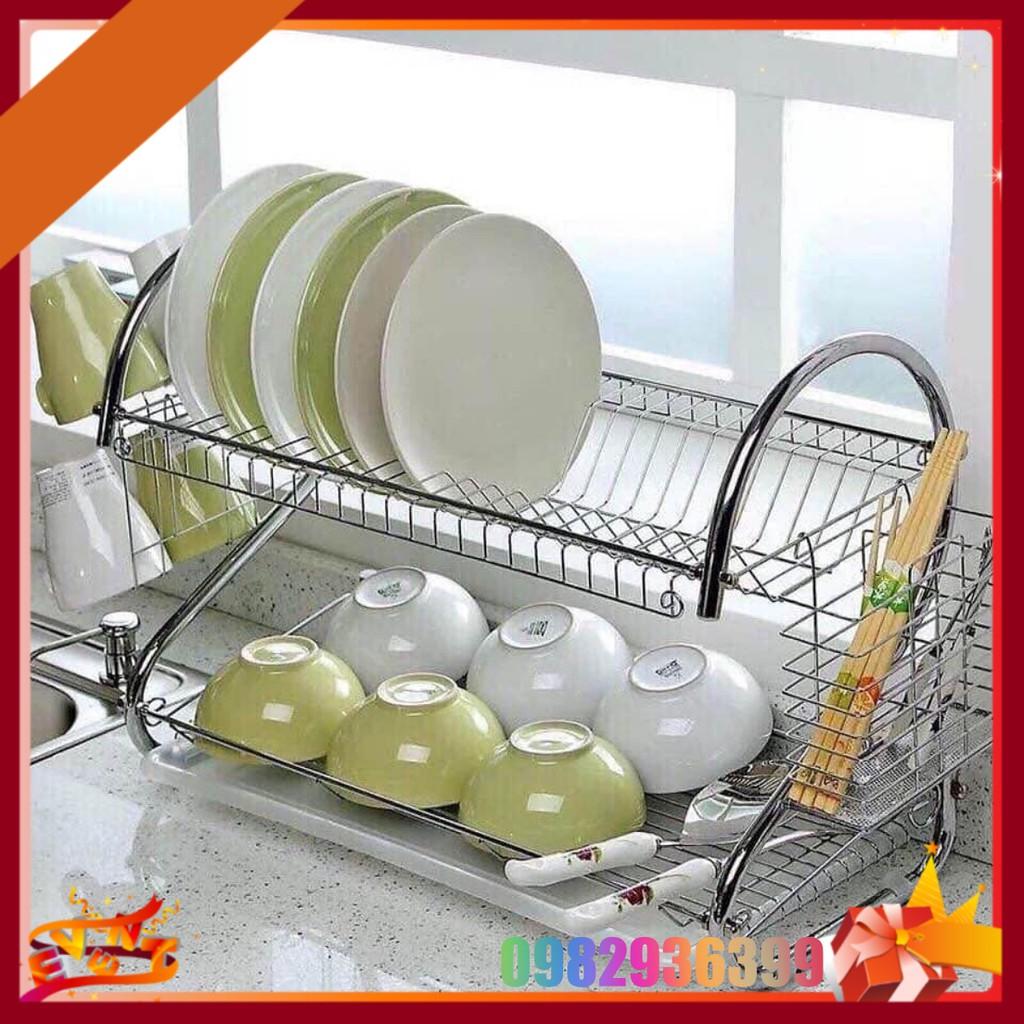 Giá Úp Bát Đĩa Inox 2 Tầng Cao Cấp Có Khay Hứng Nước Tiện Lợi
