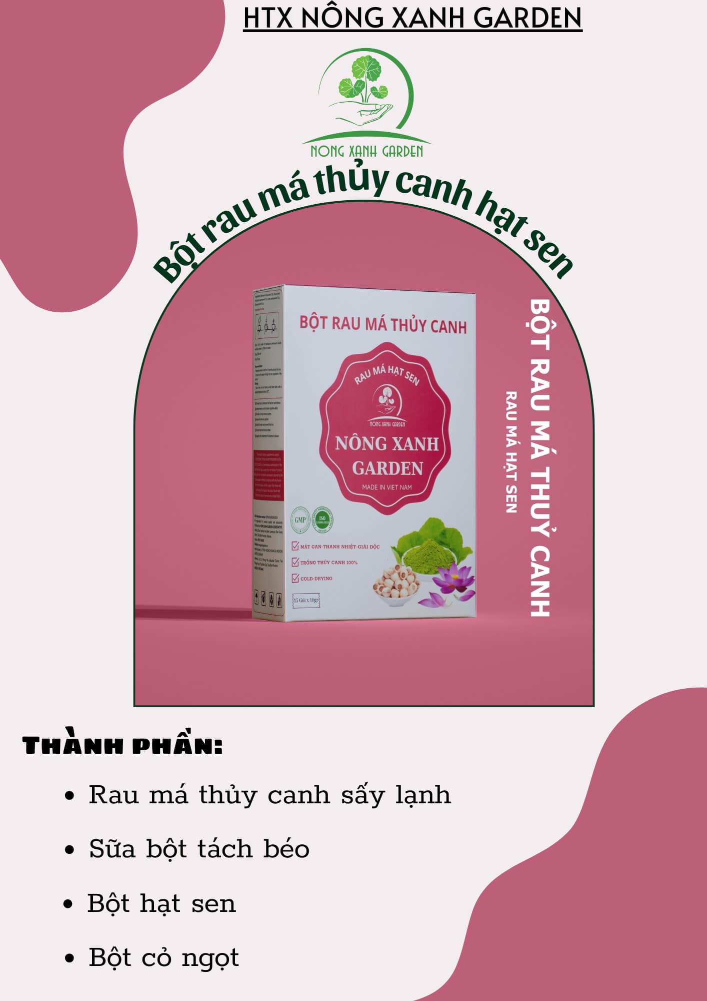 Nông Xanh Garden Bột Rau Má Thủy Canh Hạt Sen Hộp 15 gói (10gr/1 gói) hòa tan uống liền, dễ uống, thanh nhiệt, mát gan, làm đẹp da