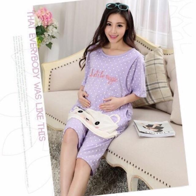 Bộ bầu cộc tay mặc nhà kết hợp sau sinh cho con bú