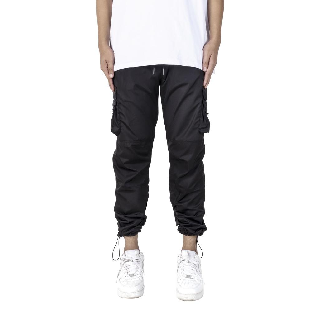 Quần Dù Túi Hộp Streetwear Cao Cấp FNOS Màu Đen 2 Lớp - Ống Rộng - Có Dây Rút Chân