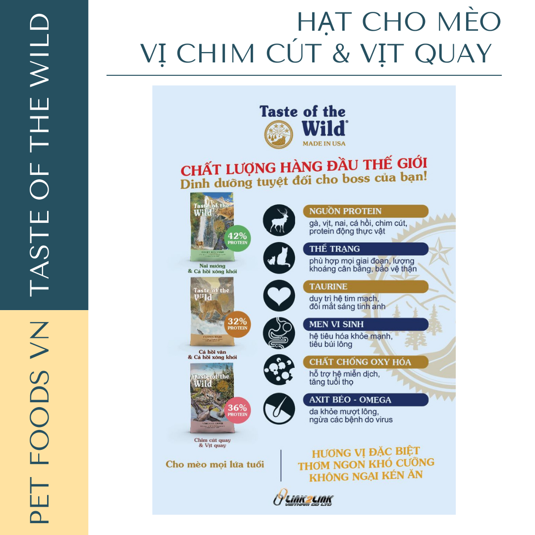 Hạt cho mèo TASTE OF THE WILD Lowland Creek vị Chim Cút và Vịt Quay