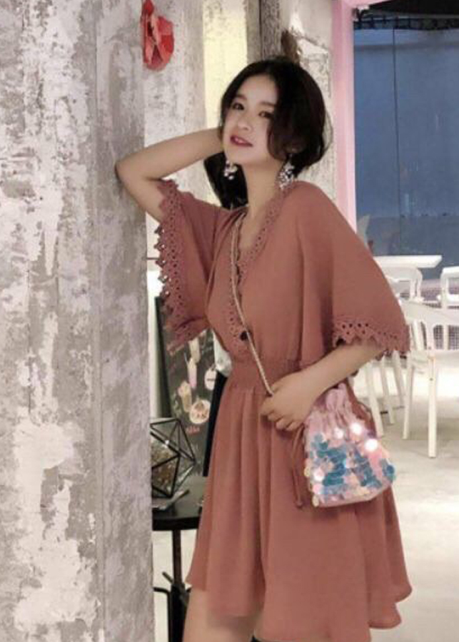 Đầm xoè nâu đỏ tay rộng XDS299