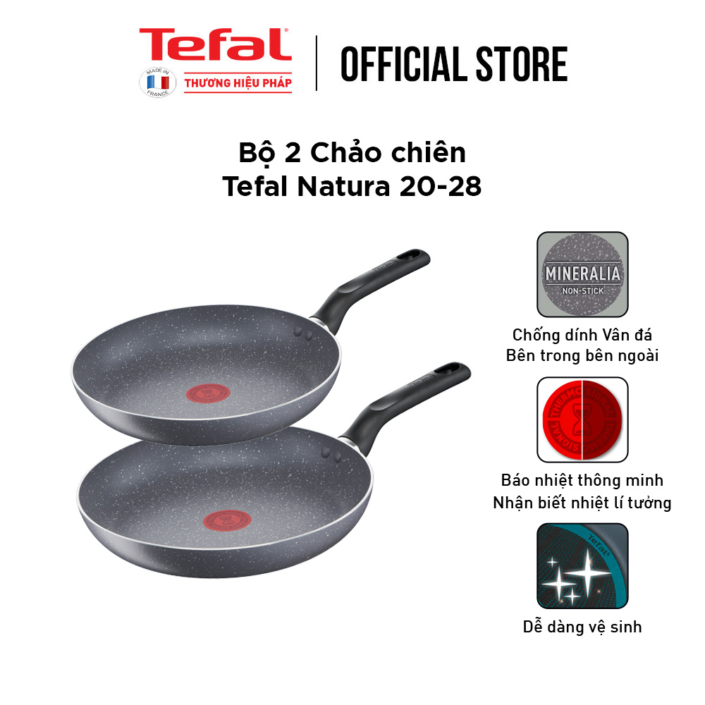 Bộ 2 chảo chiên chống dính vân đá Tefal Natura dùng cho bếp ga và hồng ngoại - Hàng chính hãng