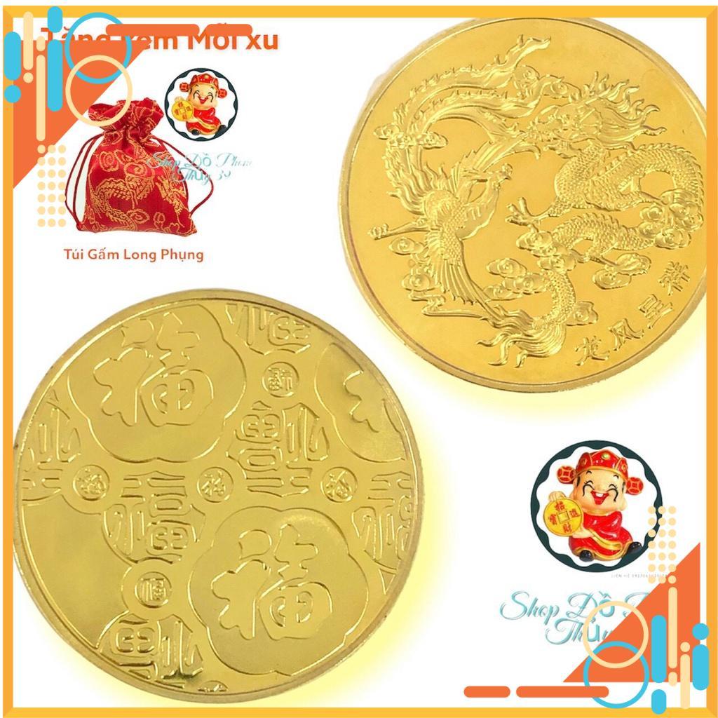 Đồng Xu Hình Long Phụng Xum Vầy Mạ Vàng 24K Phong Thủy May Mắn