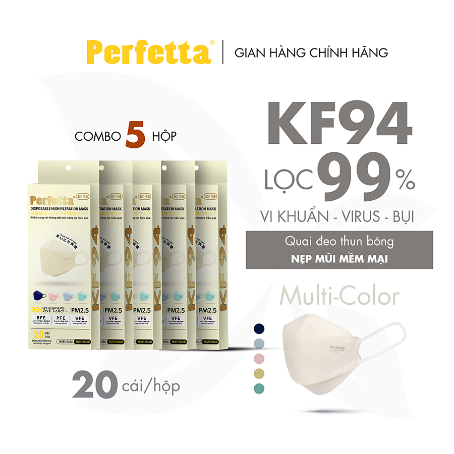 [COMBO 5 HỘP] - Khẩu Trang KF94 Phong Cách Hàn Quốc Chất Lượng Cao, Kháng Khuẩn, Chống Bụi Mịn, 3 Lớp, Bảo Vệ Tối Ưu, Đóng Gói Từng Cái - (20 cái/hộp)