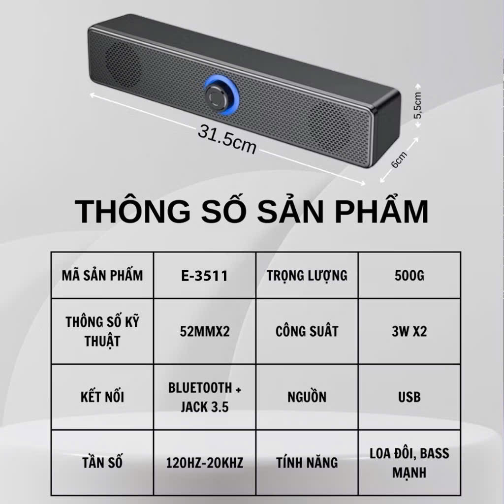 Loa Buletooth Bass siêu mạnh kết nối PC Laptop điện thoại tivi, loa vi tính để bàn E-3511 công suất 6W Usb/ jack 3.5mm – Hàng chính hãng
