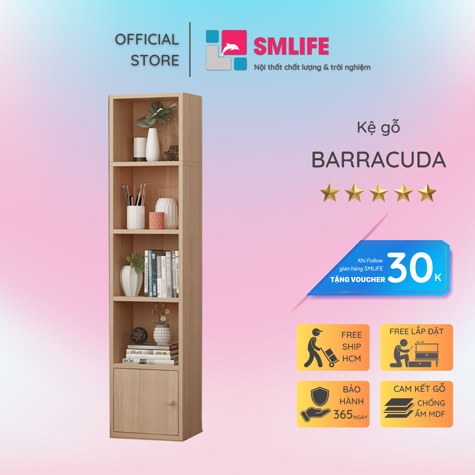 Kệ sách bằng gỗ công nghiệp hiện đại SMLIFE Barracuda