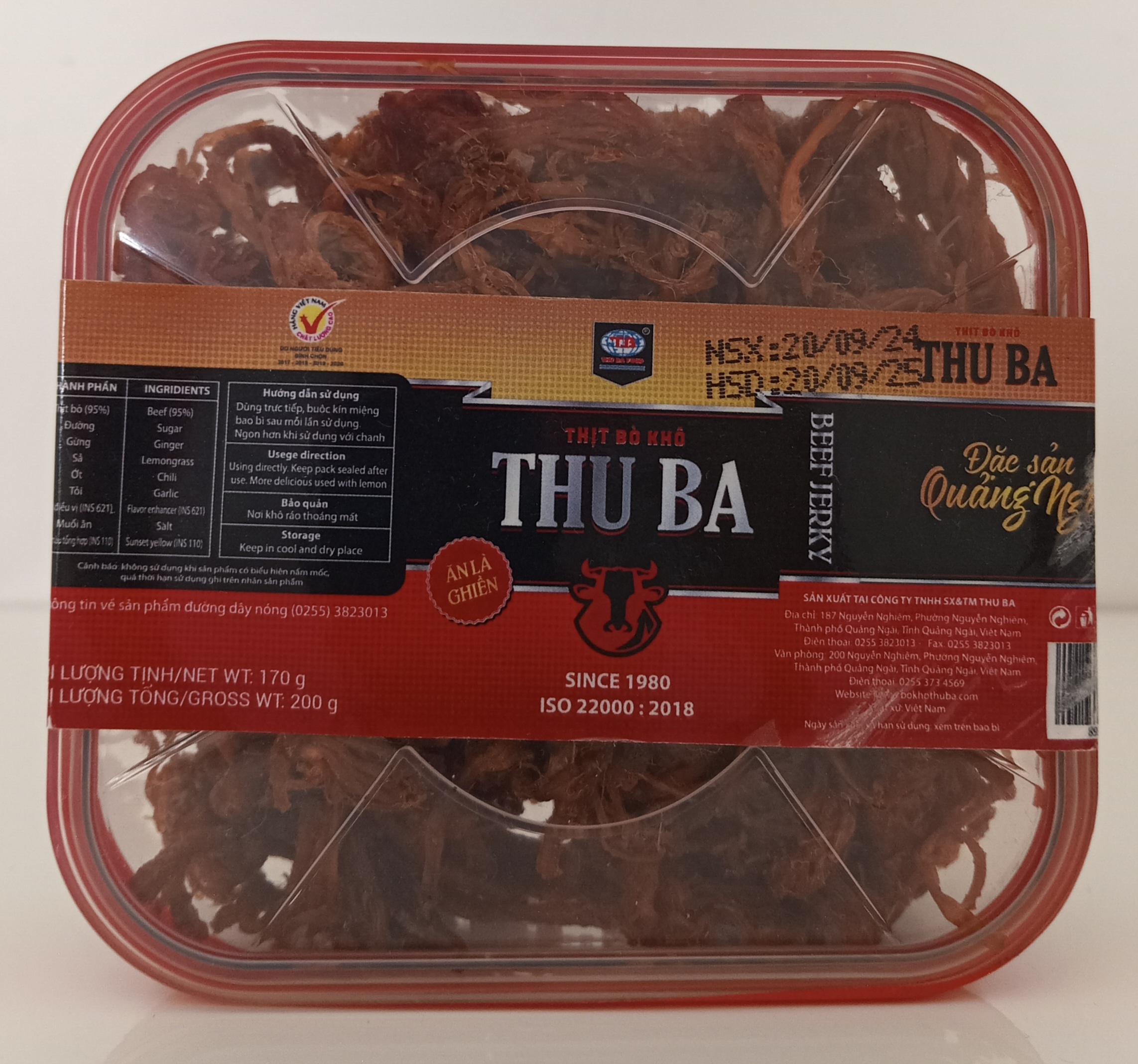 Khô Bò Thu Ba Quảng Ngãi 200 gram hộp quà Tết vuông loại sợi
