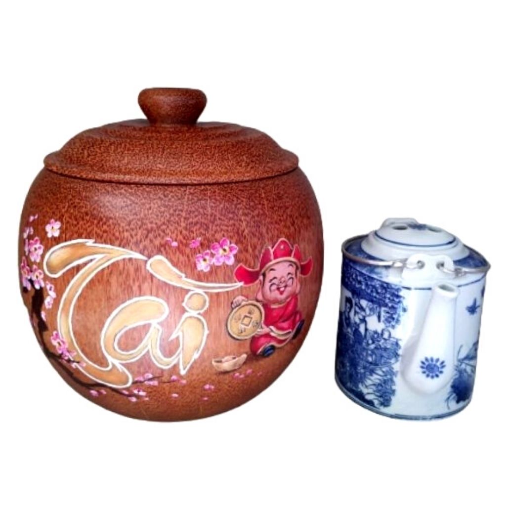 Bình Giữ Ấm Trà Gỗ Dừa Gọn Đẹp Vẽ Hoa Văn Lồng Chữ Tài Và Bình Trà 700 - 950ml - Sản Phẩm Được Sản Xuất Tại Bến Tre