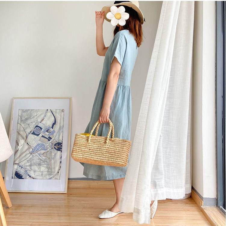 Đầm Linen suông cổ tròn ngắn tay, form suông dài trơn chất liệu linen mềm mát, dễ chịu khi mặc Đũi Việt