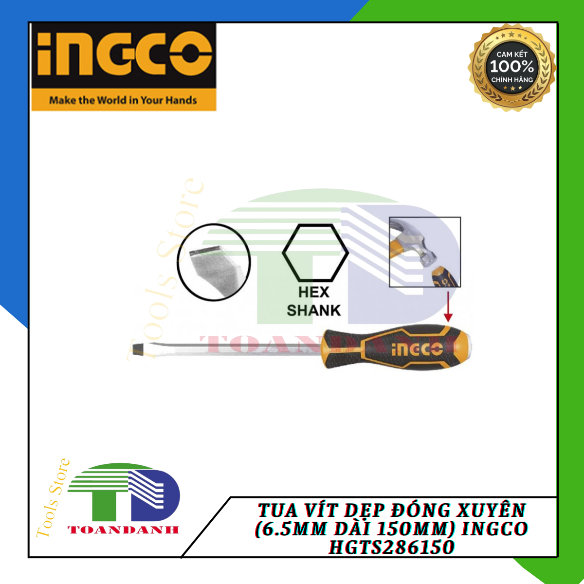 Tua vít dẹp đóng xuyên (6.5mm dài 150mm) Ingco HGTS286150