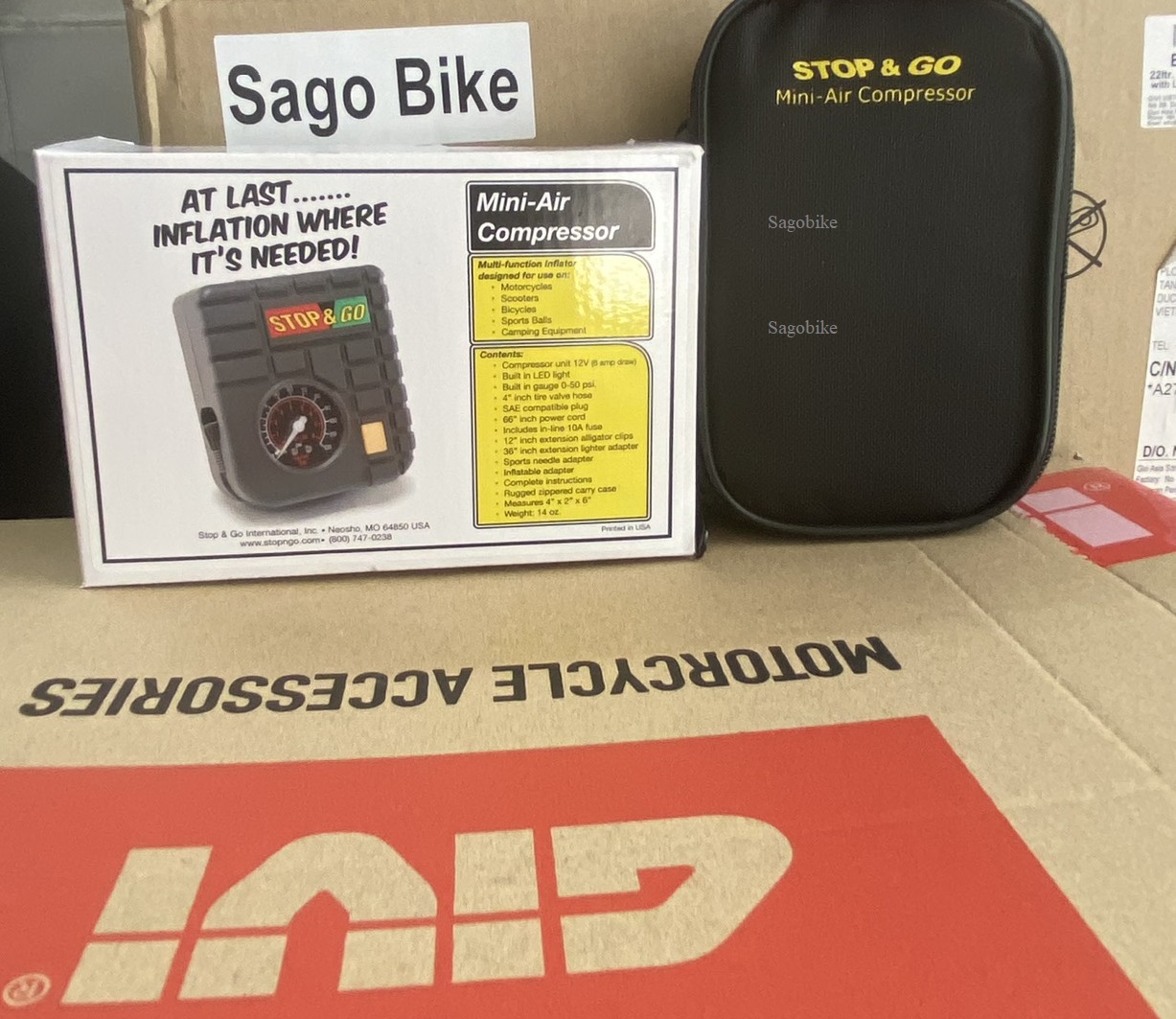 Máy bơm lốp Mini-Air Stop&go, bộ bơm lớp xe ô tô, xe máy, xe mô tô, xe điện, xe đạp....