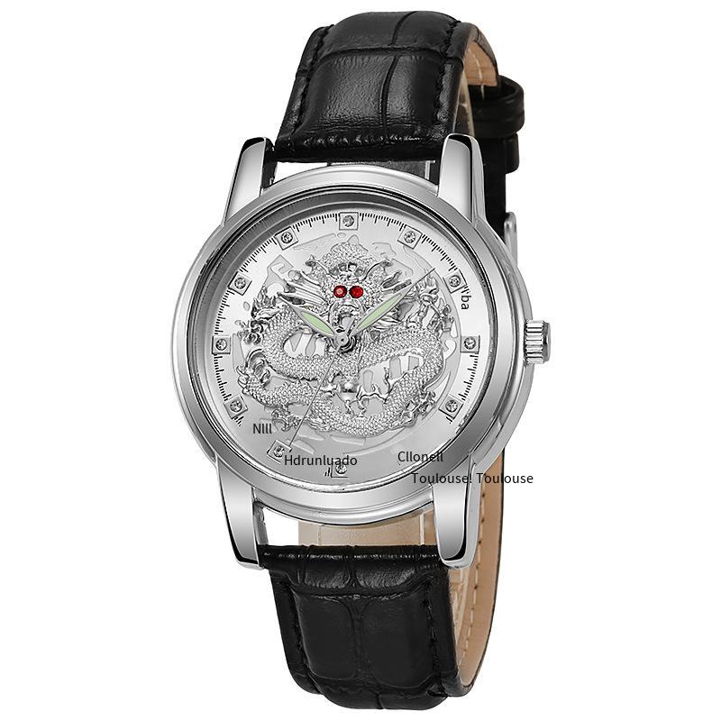 Phong cách mới nhất Rồng Trung Quốc đồng hồ nam doanh nhân giản dị phù điêu ba chiều cá tính dây thép phát sáng dây đeo đồng hồ thạch anh phong cách mới