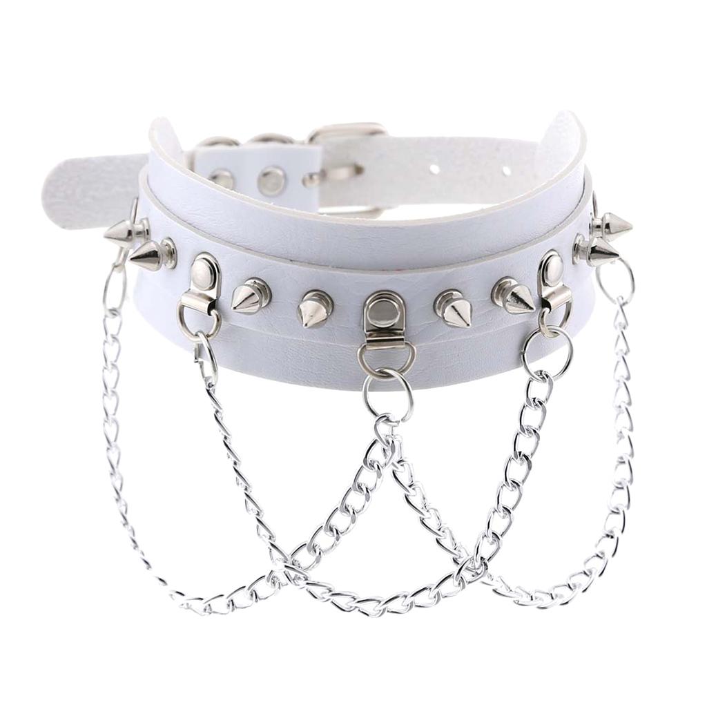 Gothic Pu Leather Choker Women Spike Metal Chain Necklace Punk Jewelry White