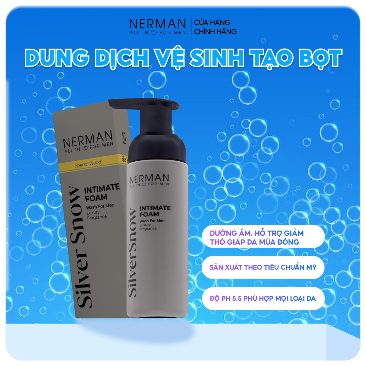 Dung dịch vệ sinh tạo bọt Nerman Silver SNow - Hương nước hoa cao cấp 100g