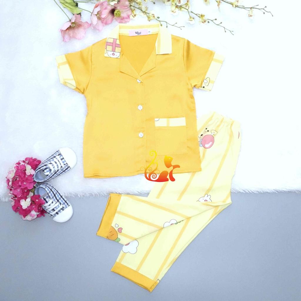 Đồ Bộ Pijama Satin &quot;Cà rốt &quot; Áo Phối Trơn Quần Dài Cho Bé - Từ 12kg - 42kg