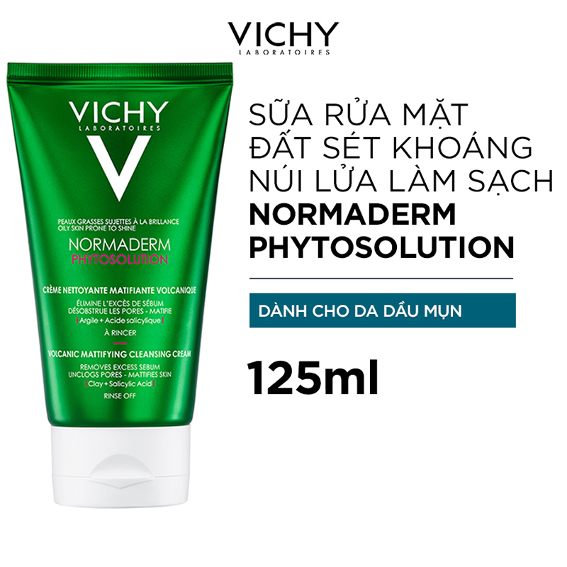 Sữa Rửa Mặt Tạo Bọt Từ Đất Sét Và Đá Khoáng Núi Lửa Giúp Làm Sạch Và Kiểm Soát Dầu Hiệu Quả Vichy Normaderm Phytosolution Vocanic Mattifying Cleansing Cream 125ml