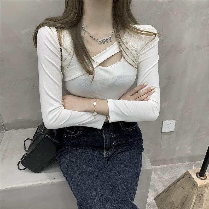 MS6829 Áo thun nữ dài tay vạt chéo cá tính